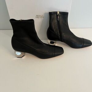 Frances Valentine Marnie Black Stretch Nappa Leather Jeweled Heel Ankle Bootie